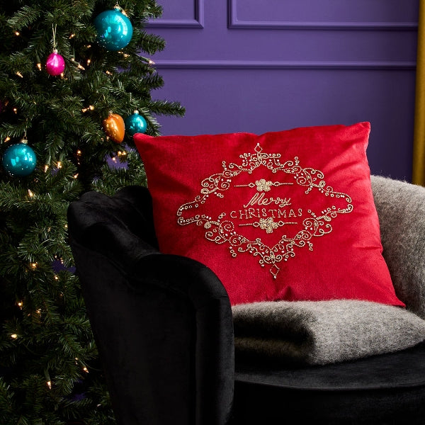 Coussin Merry Christmas rouge 50x50 cm, perles brodées — vue 2