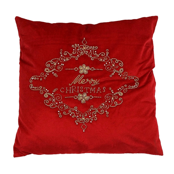 Coussin Merry Christmas rouge 50x50 cm, perles brodées