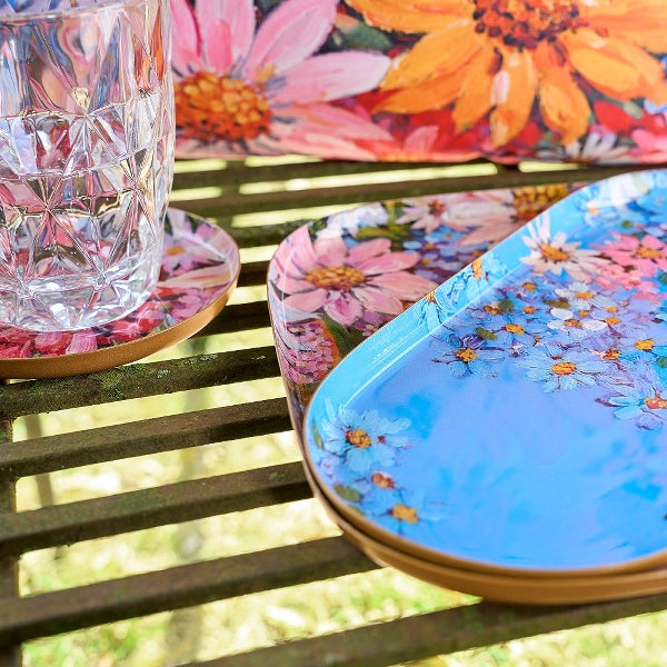 Plateau S/3 pièces fleurs, bleu en fer, 21,5 x 21,5 x 1 cm — vue 3