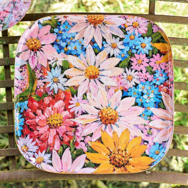 Plateau S/3 pièces fleurs, bleu en fer, 21,5 x 21,5 x 1 cm — vue 4