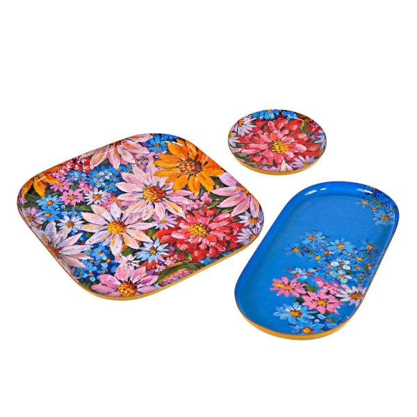 Plateau S/3 pièces fleurs, bleu en fer, 21,5 x 21,5 x 1 cm
