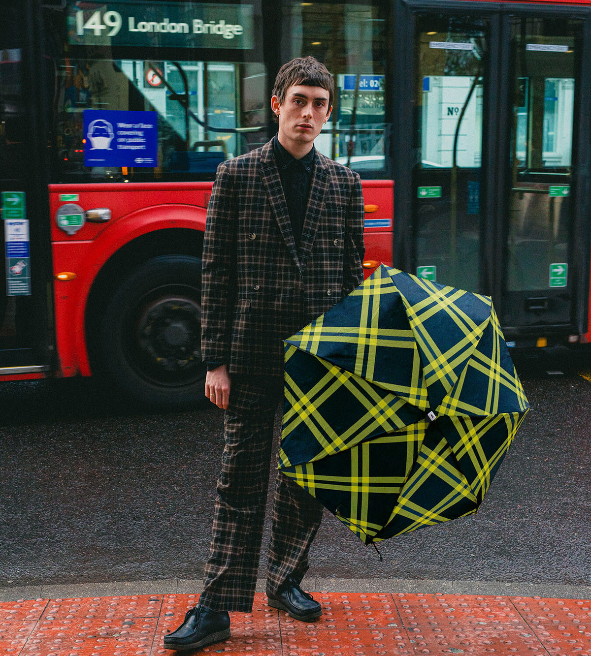 Mini parapluie Alwyne – tweed noir et anis – vue 3